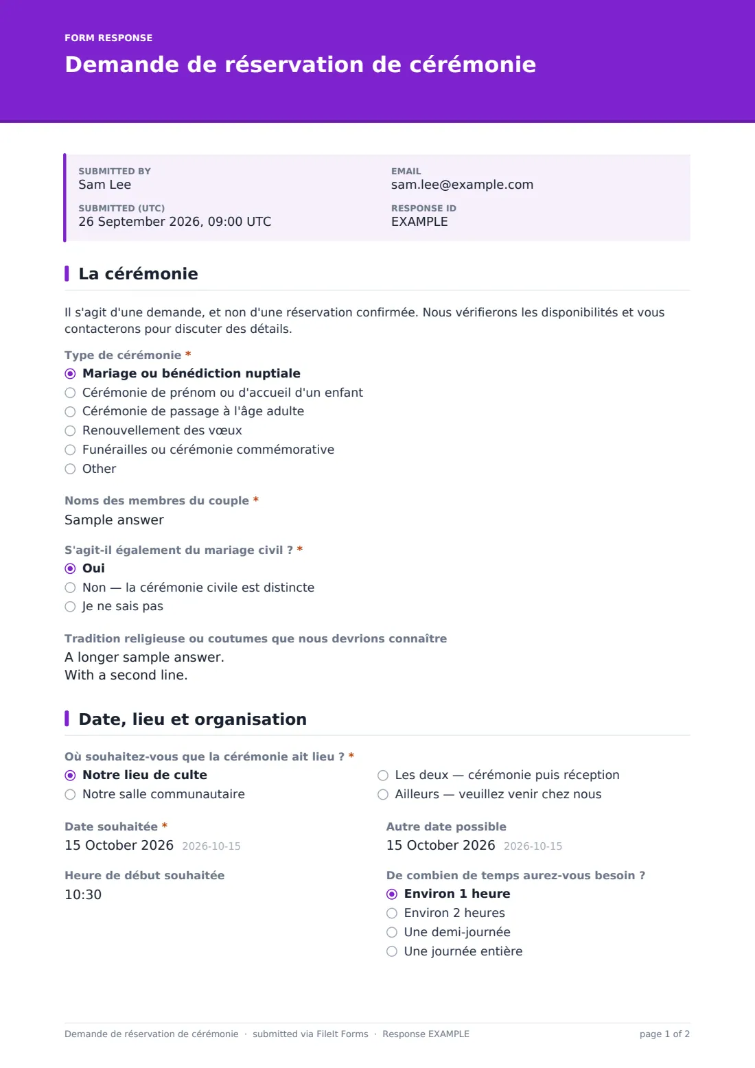 Demande de réservation de cérémonie — exemple de réponse au format PDF, page 1 sur 2