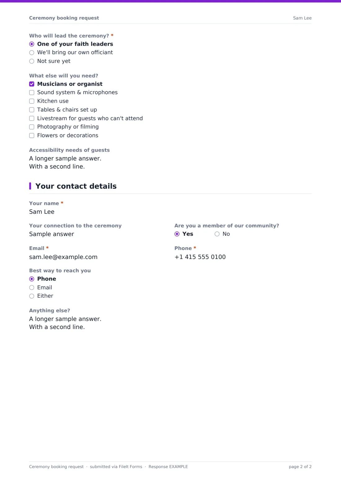 Ceremony booking request — example response PDF, page 2 of 2