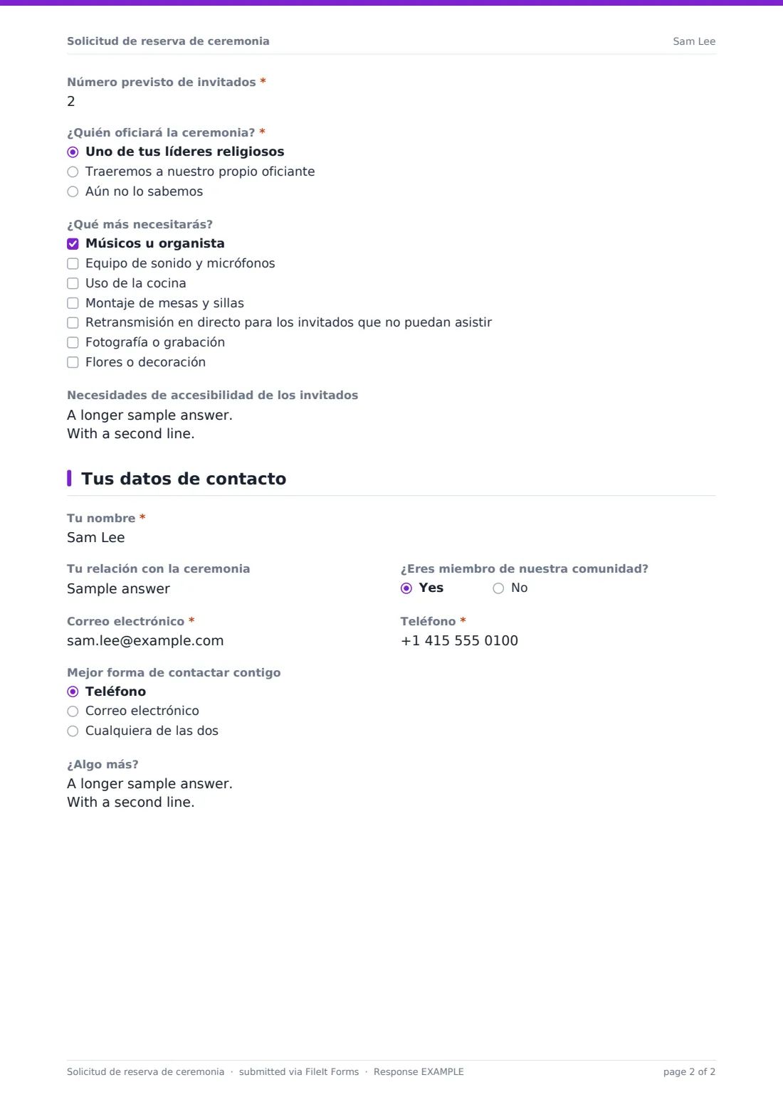 Solicitud de reserva de ceremonia — PDF de respuesta de ejemplo, página 2 de 2