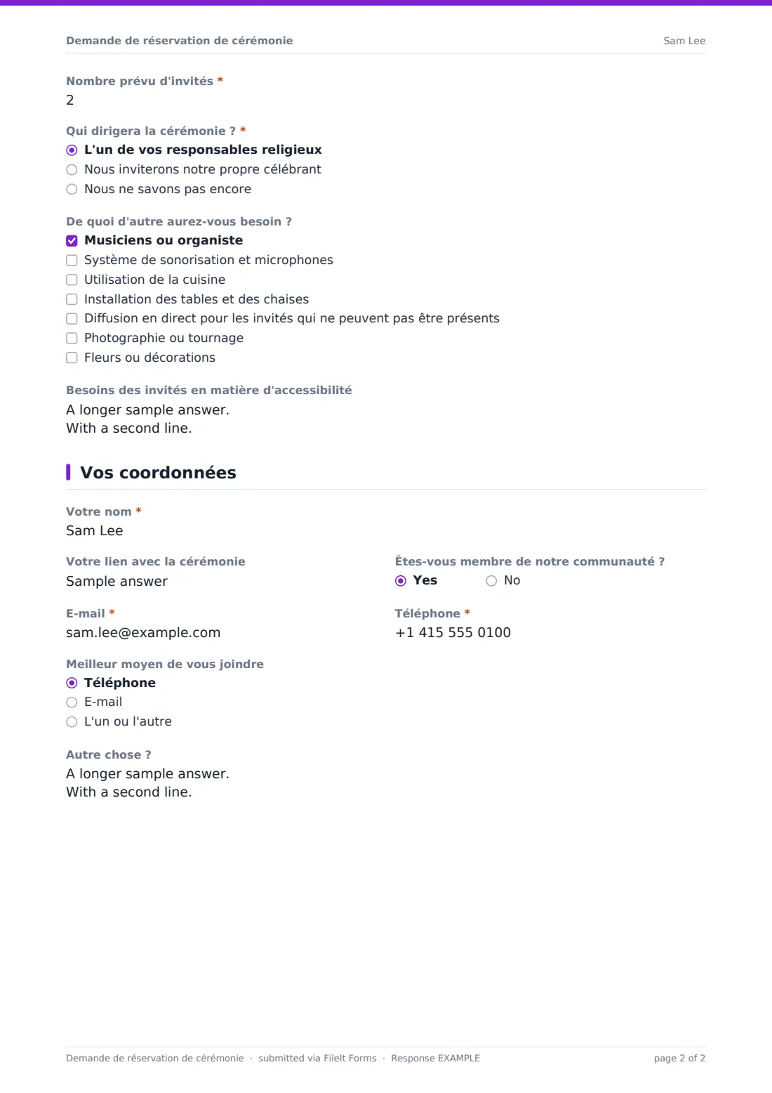 Demande de réservation de cérémonie — exemple de réponse au format PDF, page 2 sur 2