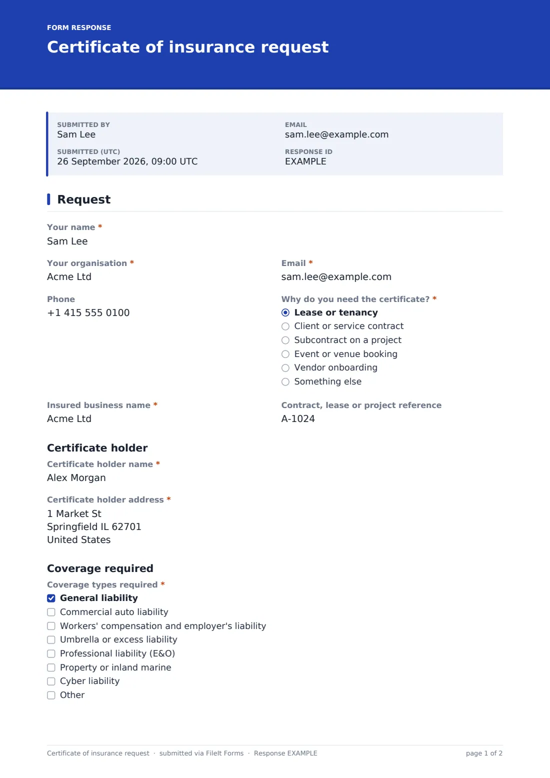 Certificate of insurance request — example response PDF, page 1 of 2