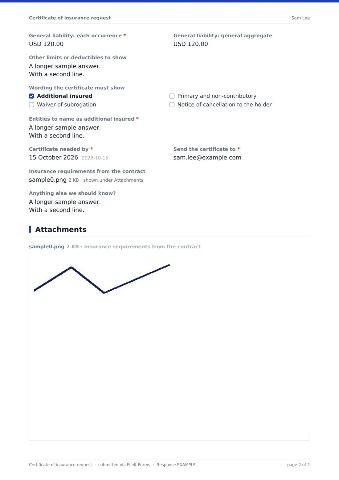 Certificate of insurance request — example response PDF, page 2 of 2