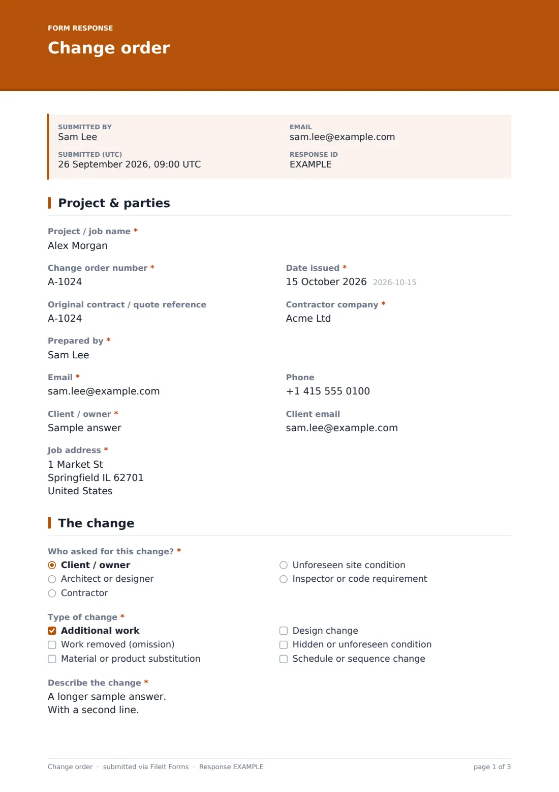 Change order — example response PDF, page 1 of 3