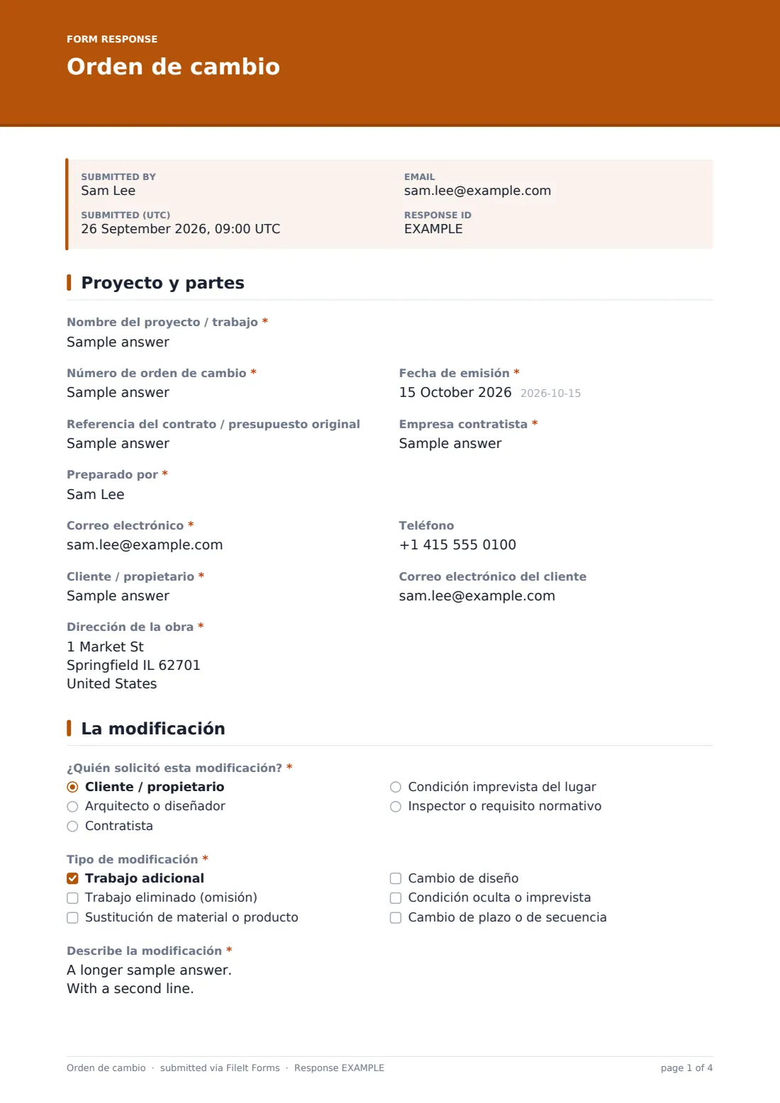 Orden de cambio — PDF de respuesta de ejemplo, página 1 de 4
