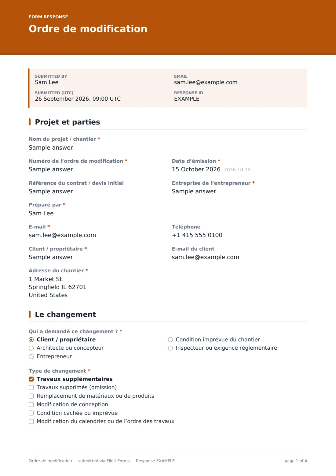 Ordre de modification — exemple de réponse au format PDF, page 1 sur 4