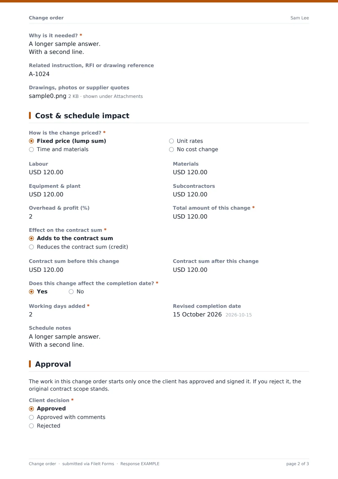Change order — example response PDF, page 2 of 3