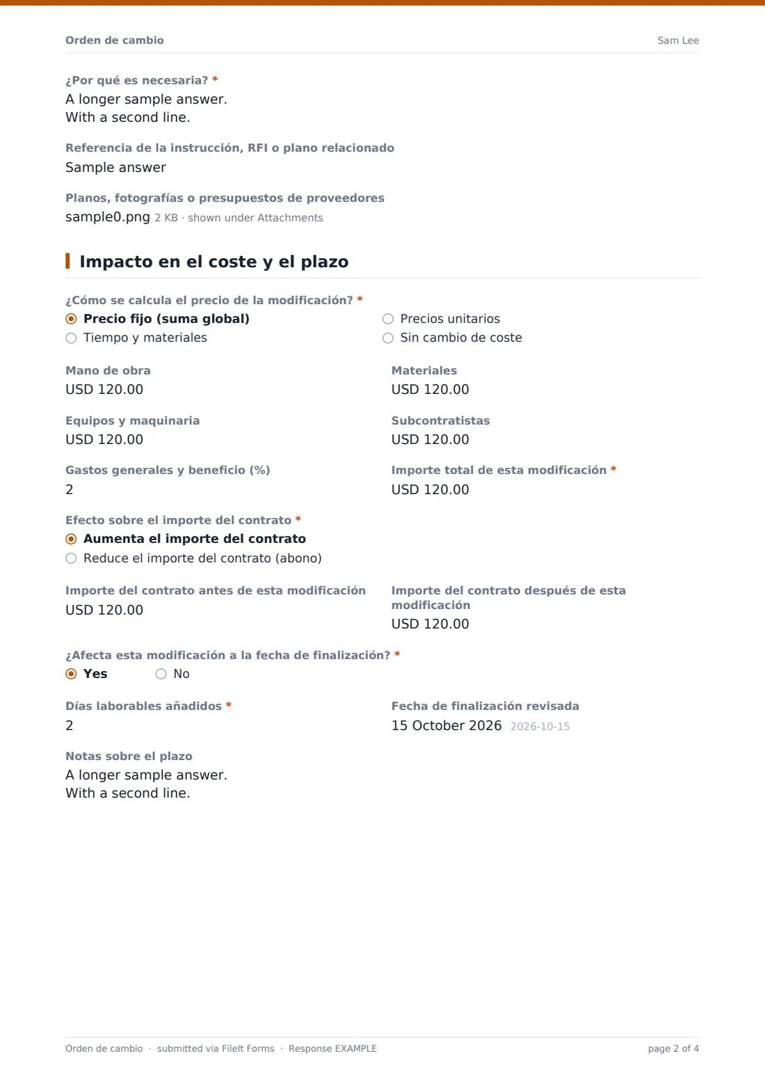 Orden de cambio — PDF de respuesta de ejemplo, página 2 de 4