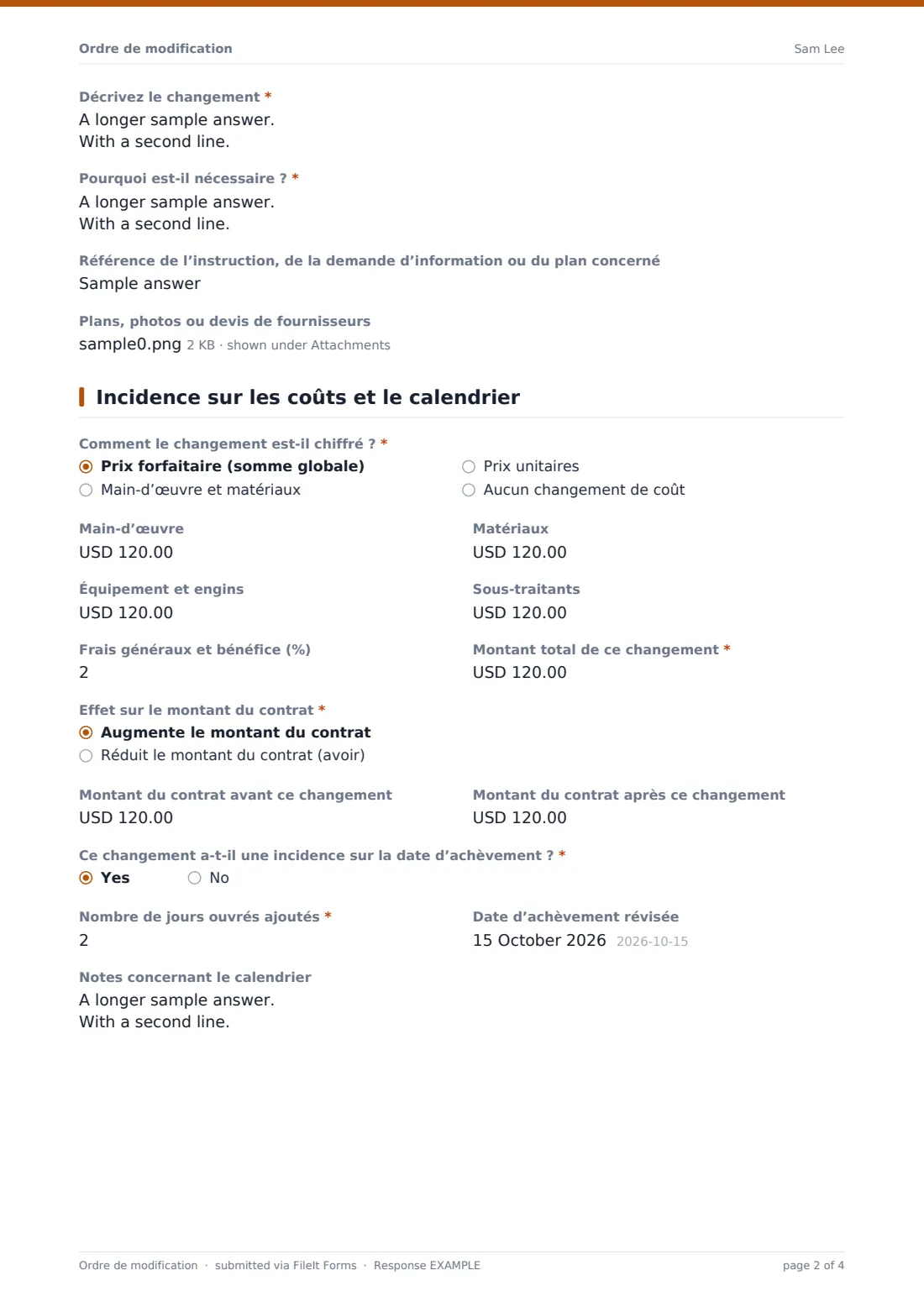 Ordre de modification — exemple de réponse au format PDF, page 2 sur 4