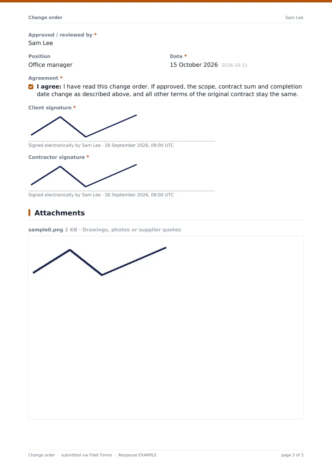 Change order — example response PDF, page 3 of 3