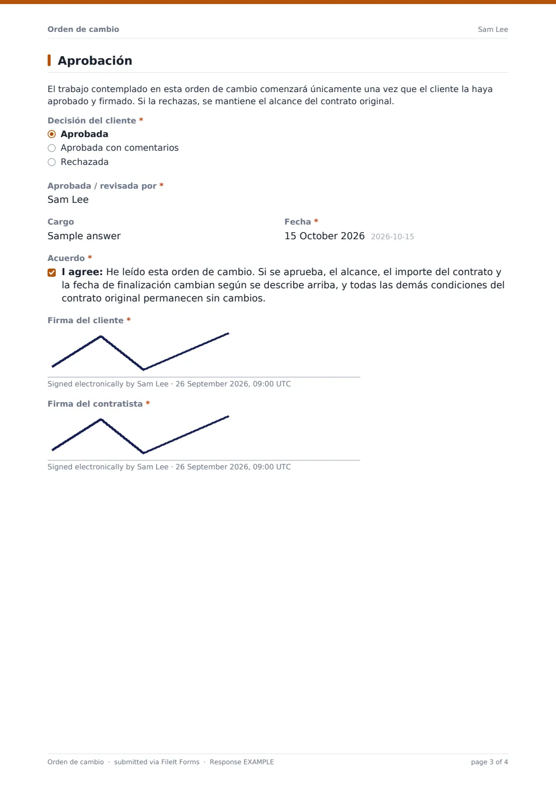 Orden de cambio — PDF de respuesta de ejemplo, página 3 de 4