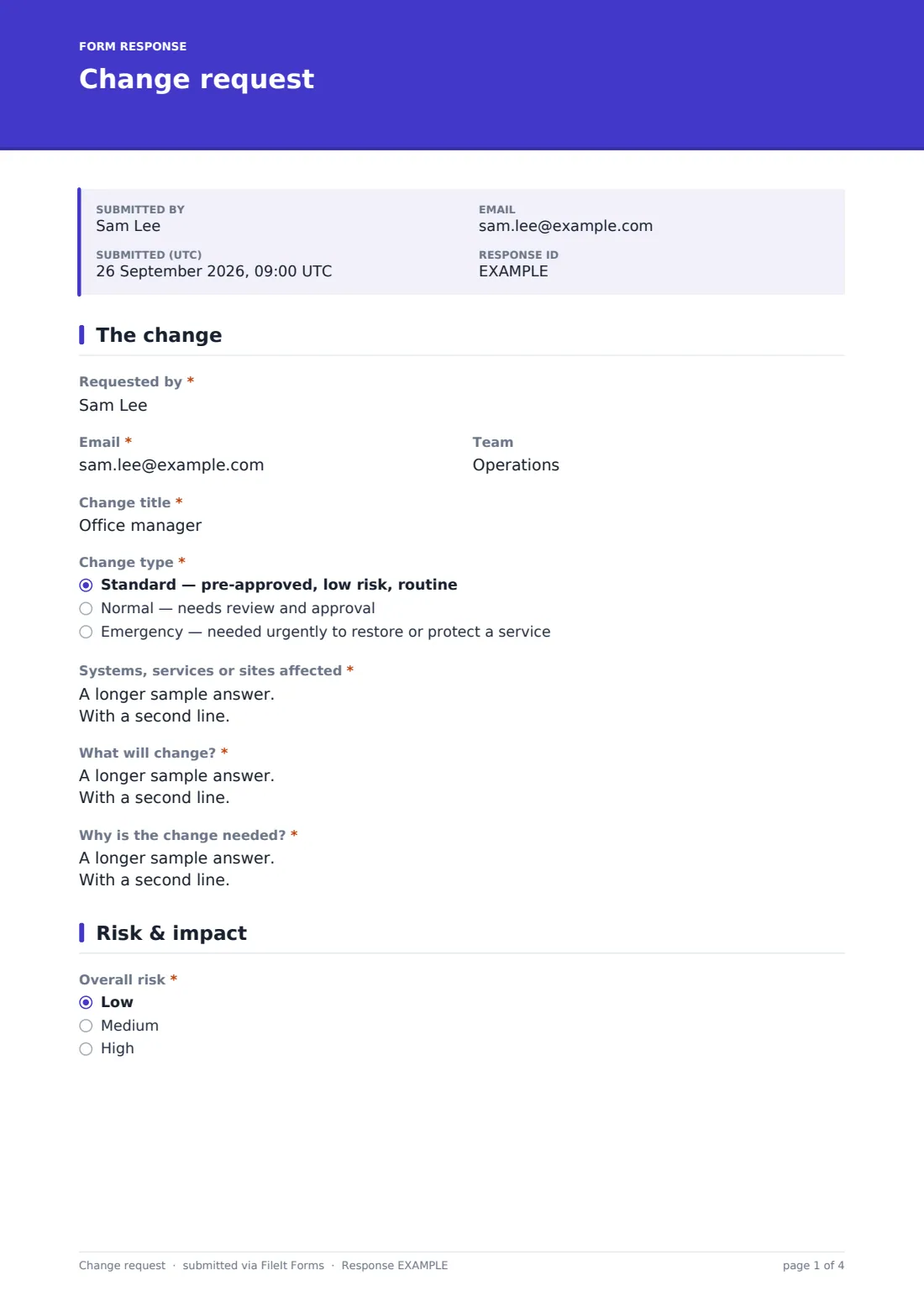 Change request — example response PDF, page 1 of 4
