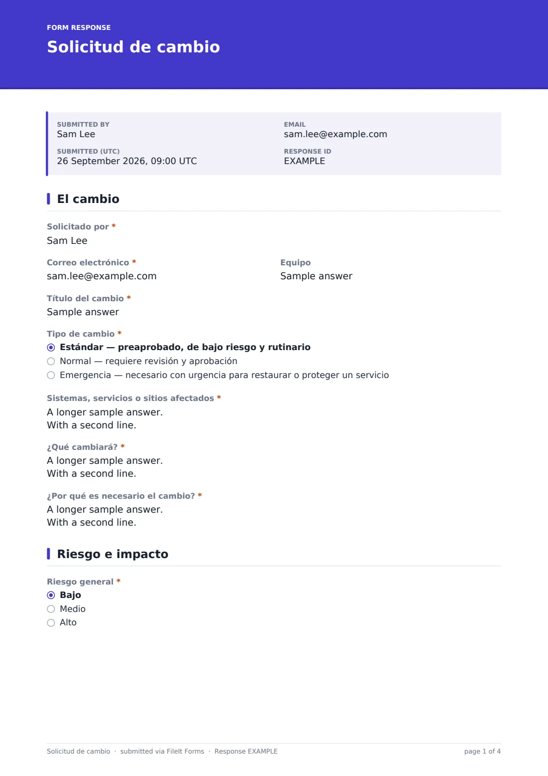Solicitud de cambio — PDF de respuesta de ejemplo, página 1 de 4