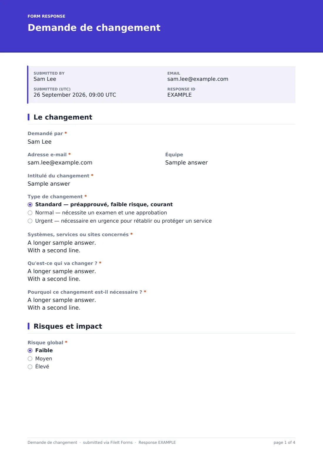 Demande de changement — exemple de réponse au format PDF, page 1 sur 4