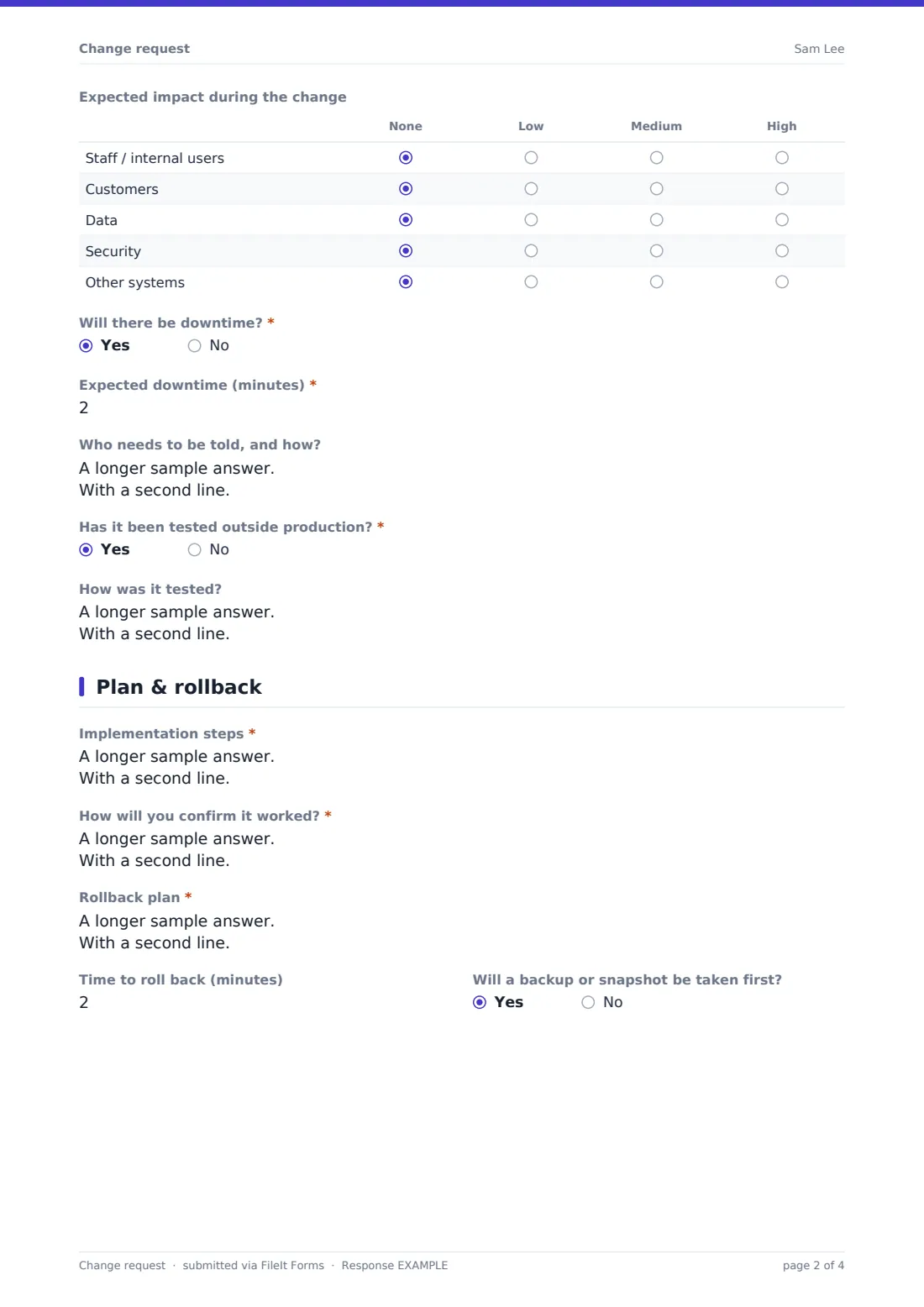 Change request — example response PDF, page 2 of 4