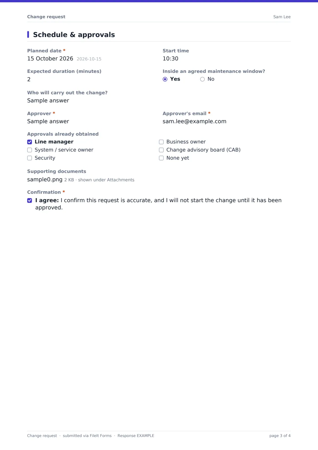 Change request — example response PDF, page 3 of 4