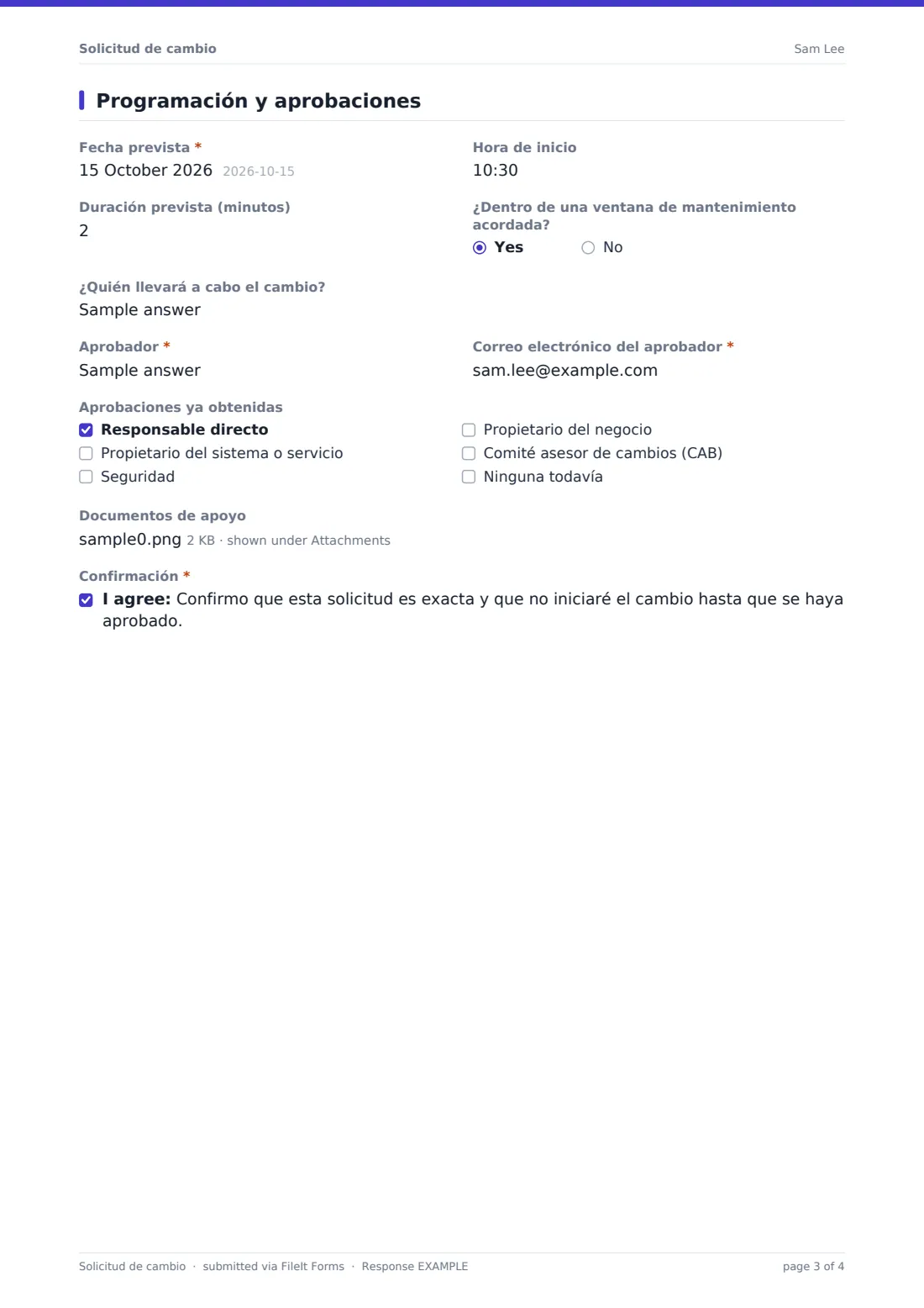 Solicitud de cambio — PDF de respuesta de ejemplo, página 3 de 4