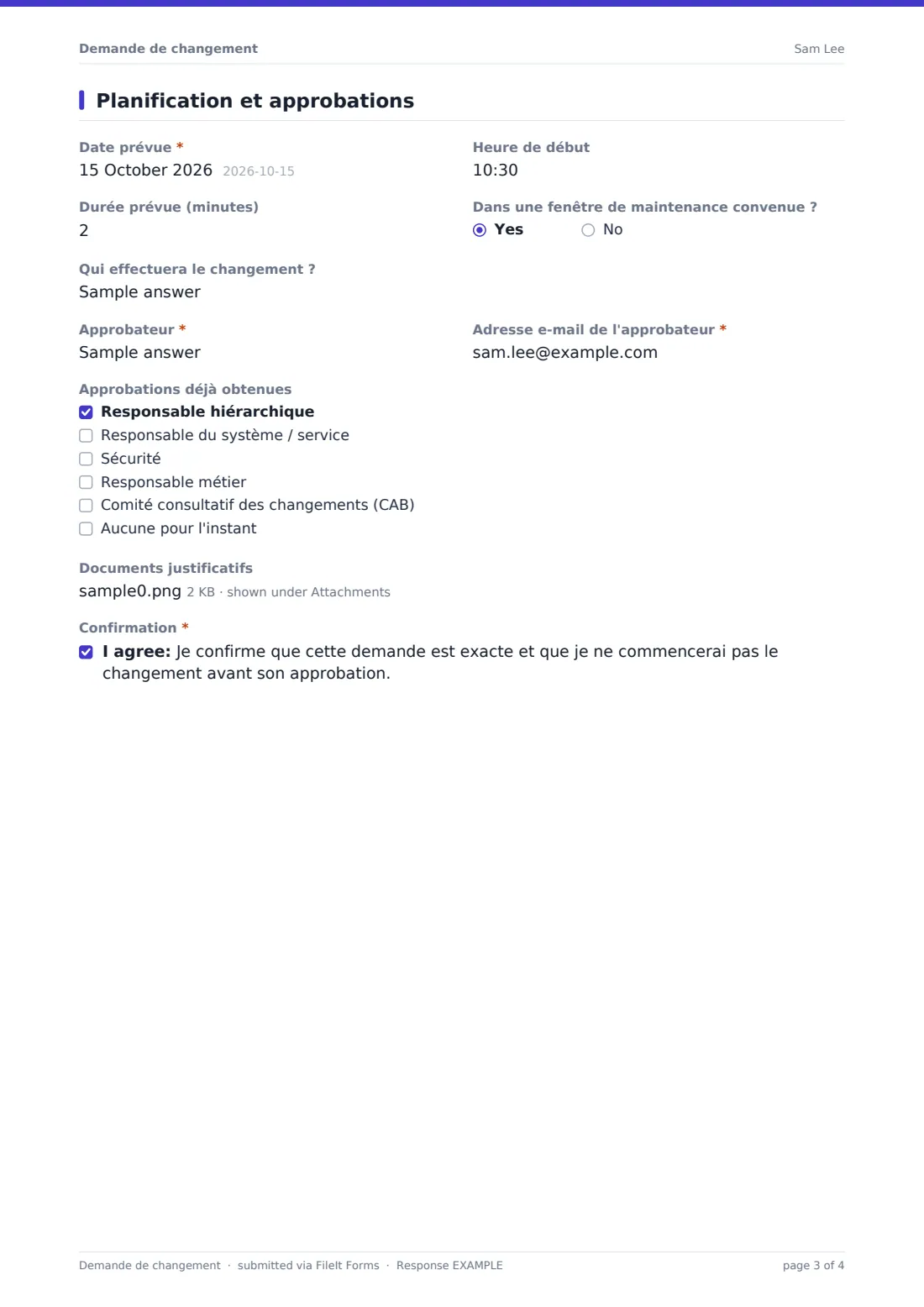 Demande de changement — exemple de réponse au format PDF, page 3 sur 4
