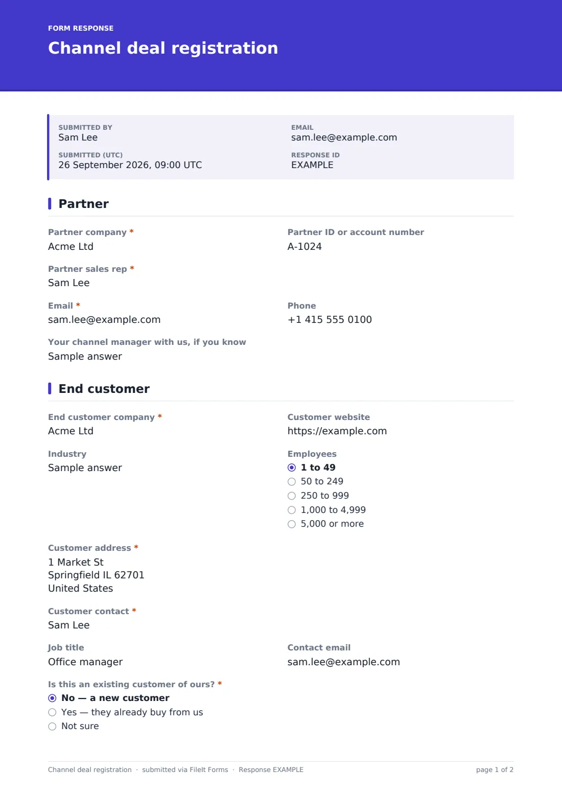 Channel deal registration — example response PDF, page 1 of 2