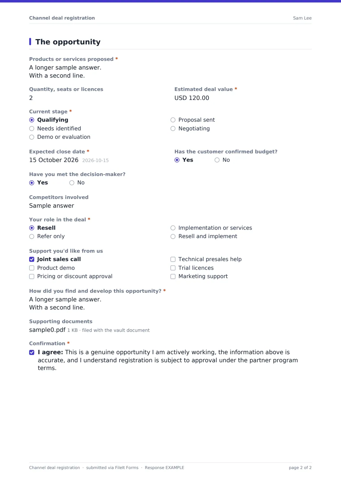 Channel deal registration — example response PDF, page 2 of 2