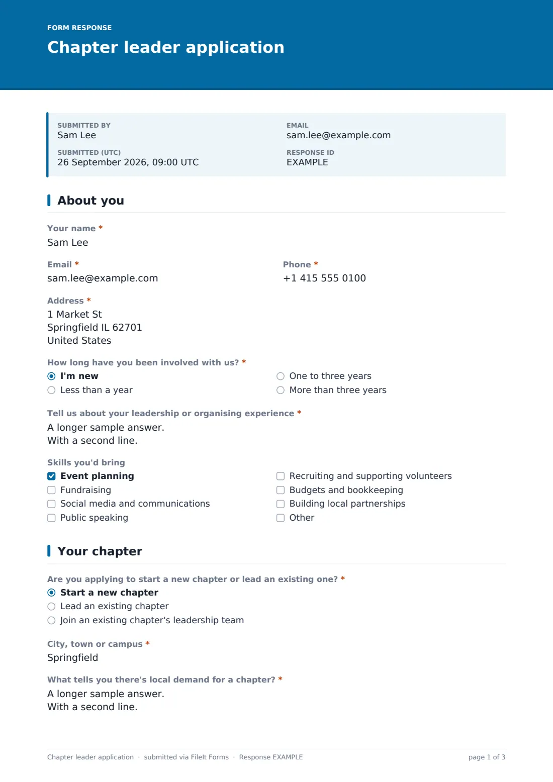 Chapter leader application — example response PDF, page 1 of 3