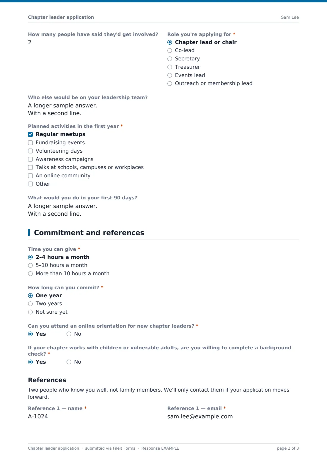 Chapter leader application — example response PDF, page 2 of 3