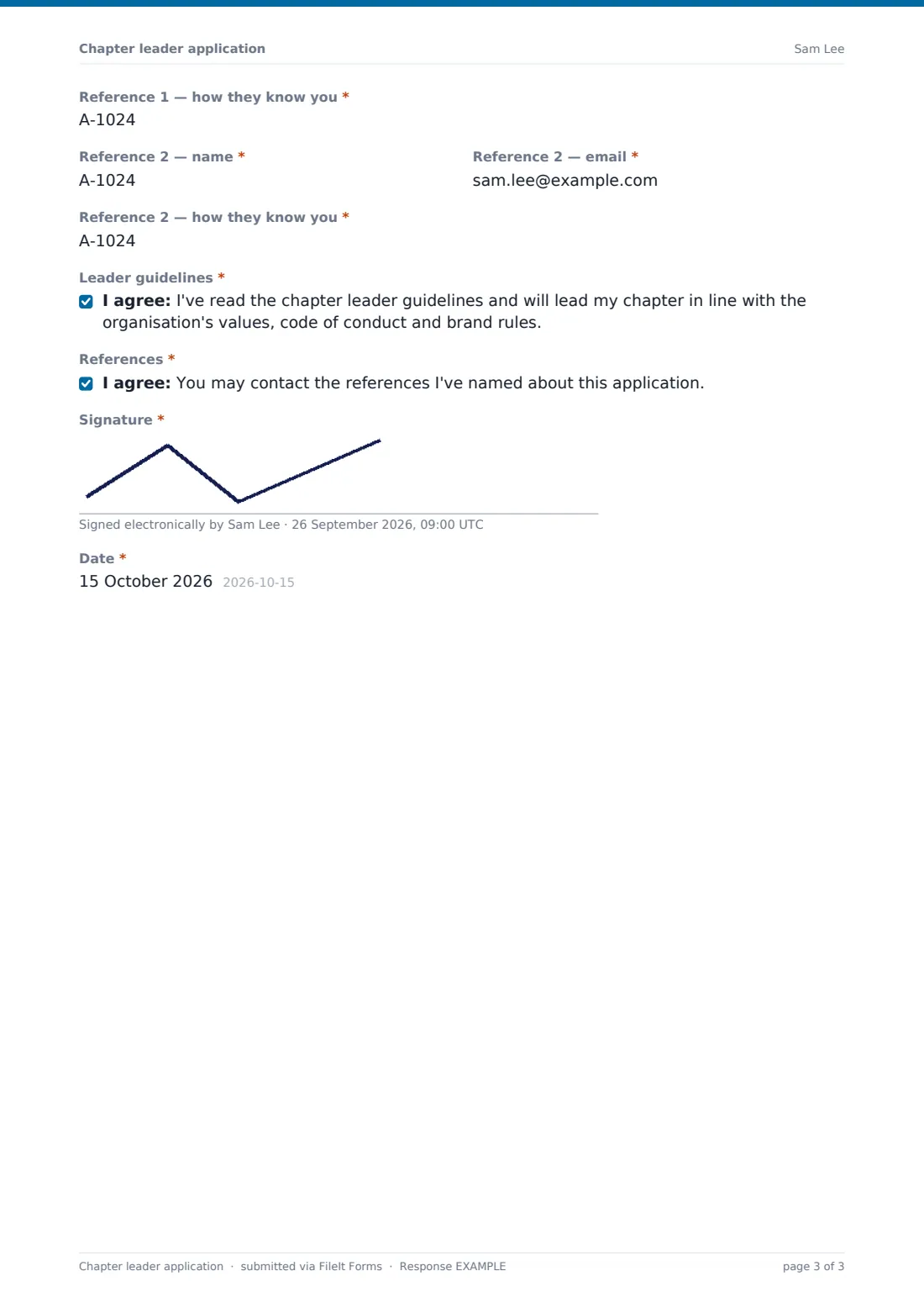 Chapter leader application — example response PDF, page 3 of 3