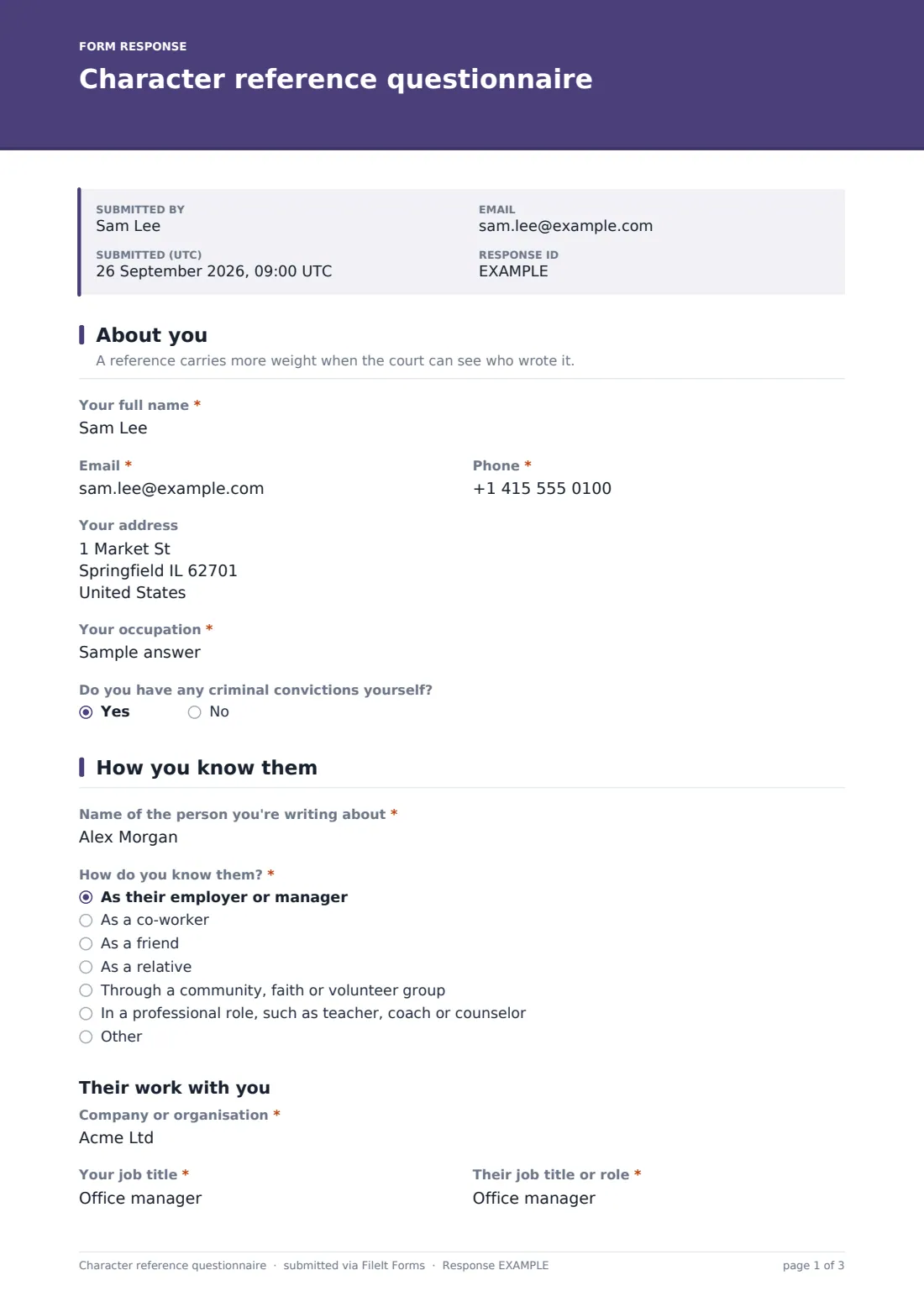 Character reference questionnaire — example response PDF, page 1 of 3