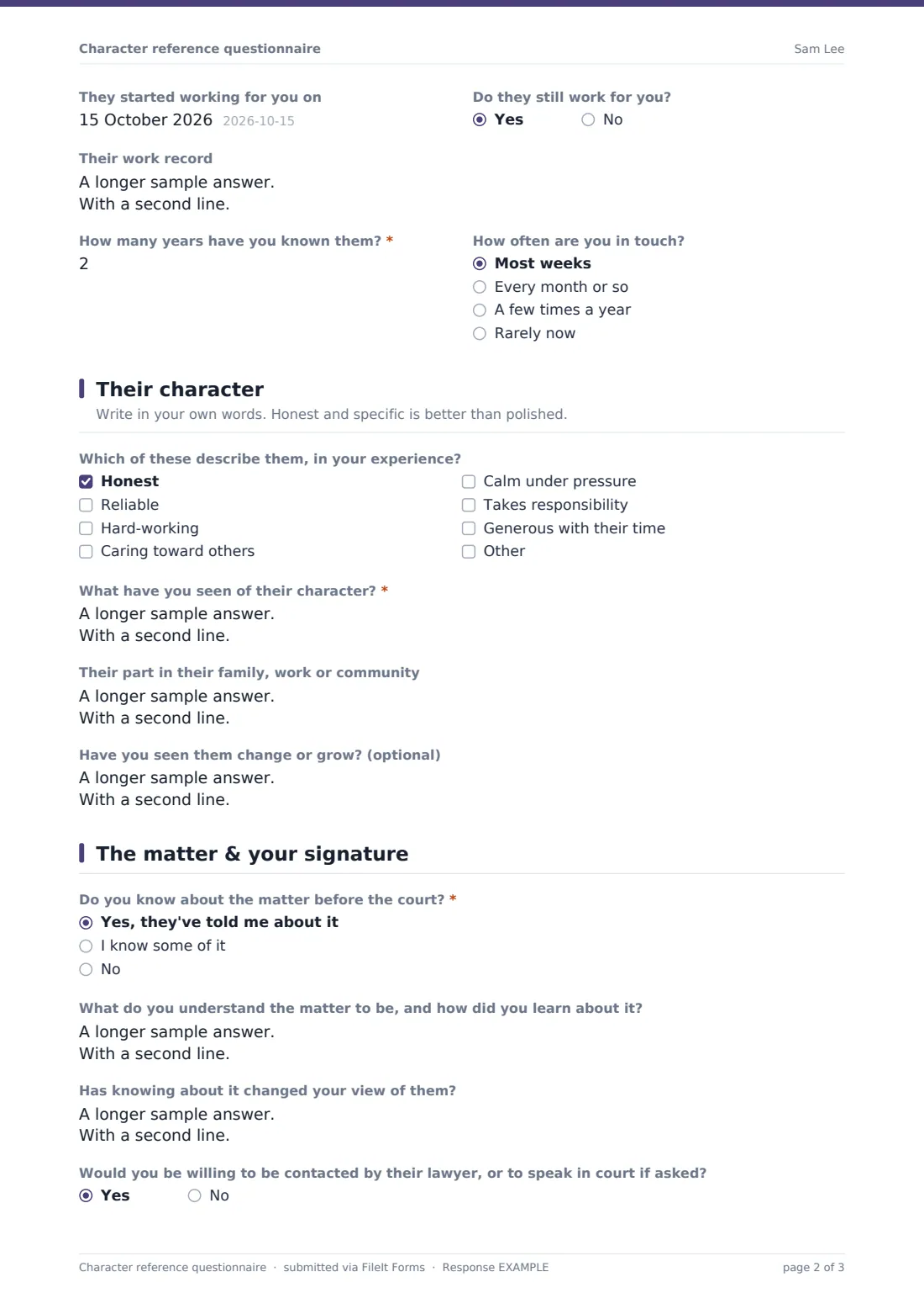Character reference questionnaire — example response PDF, page 2 of 3