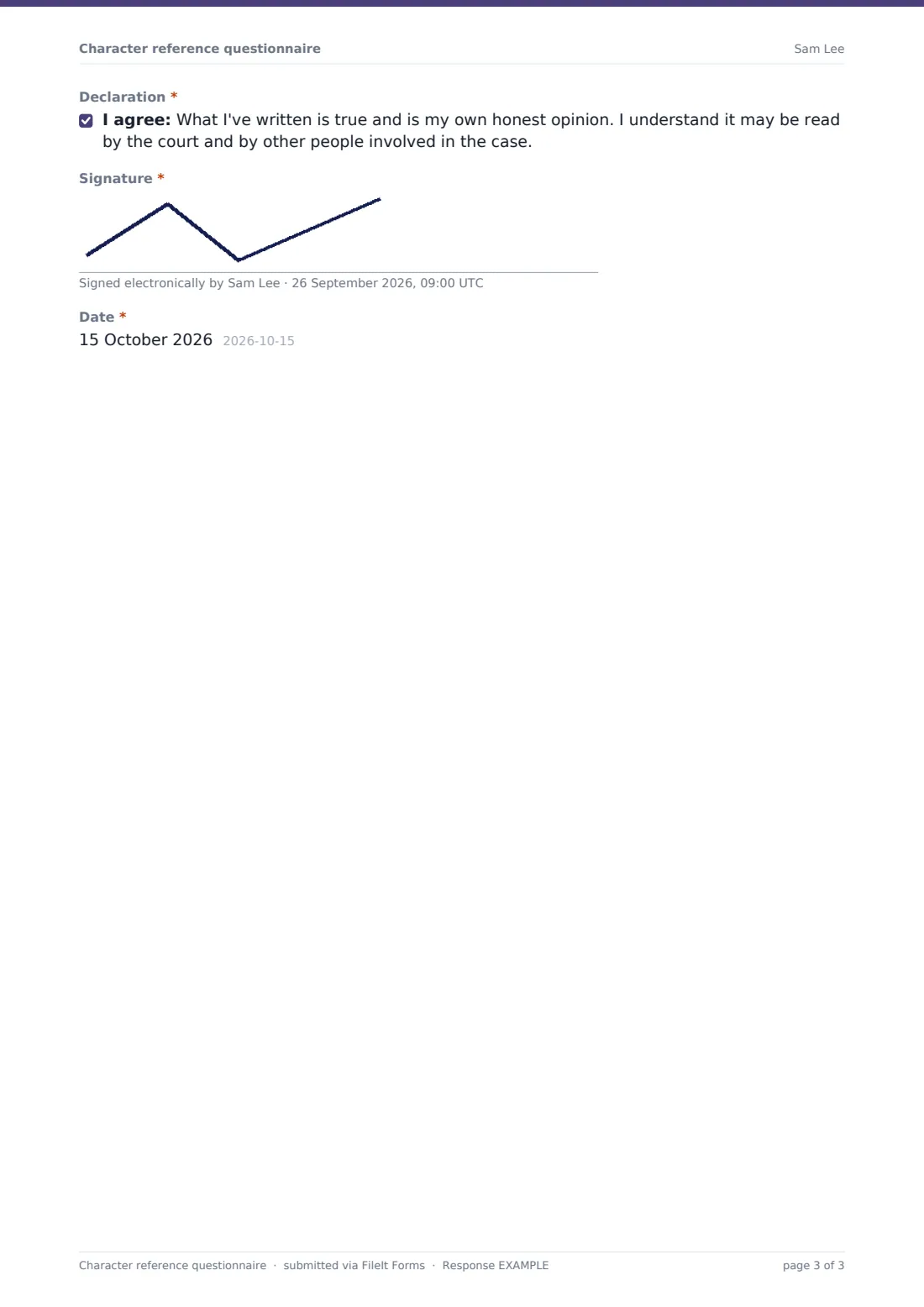 Character reference questionnaire — example response PDF, page 3 of 3