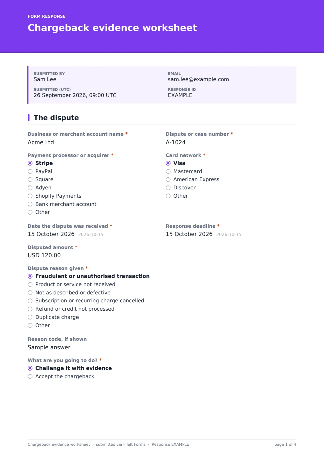 Chargeback evidence worksheet — example response PDF, page 1 of 4