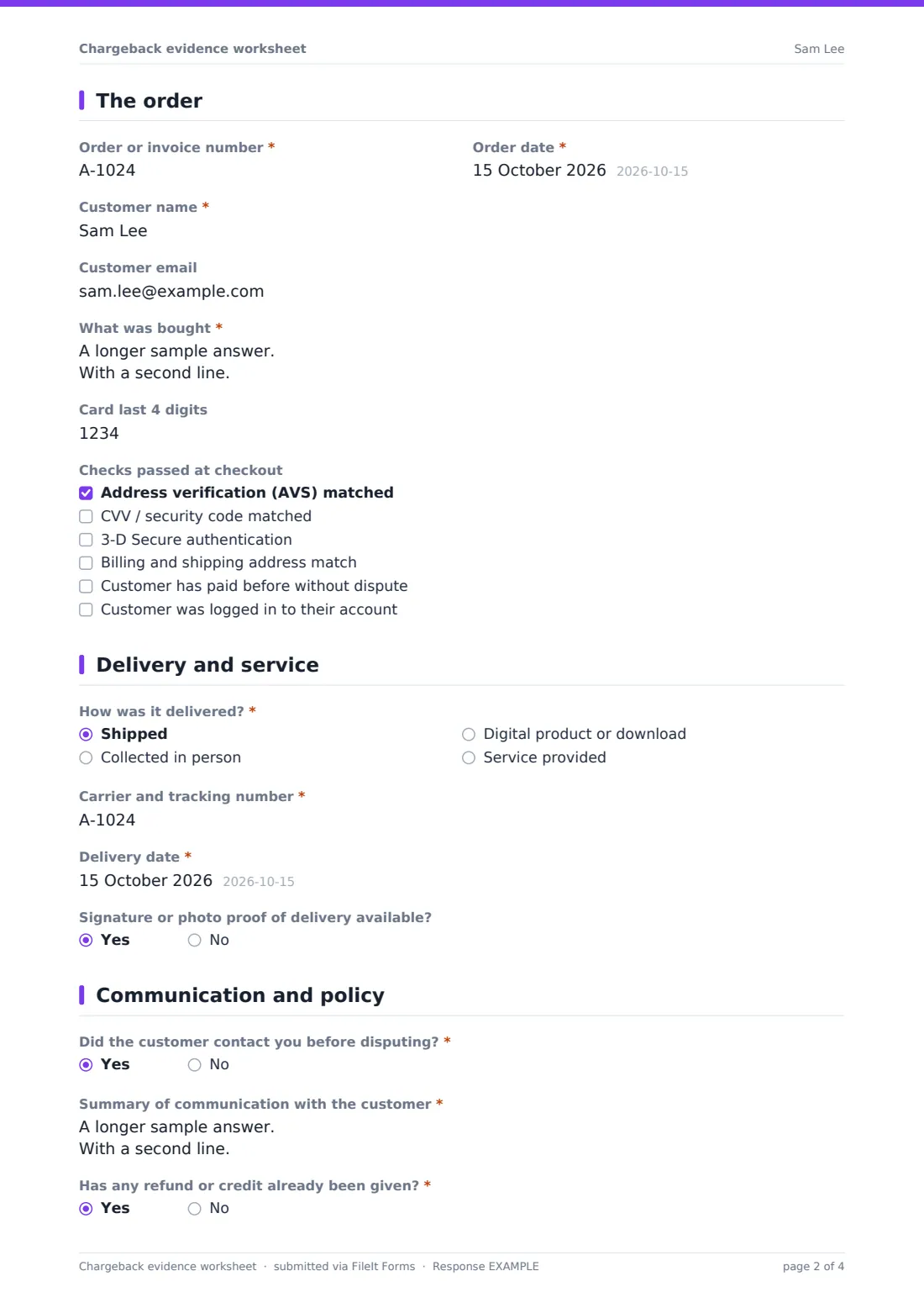 Chargeback evidence worksheet — example response PDF, page 2 of 4