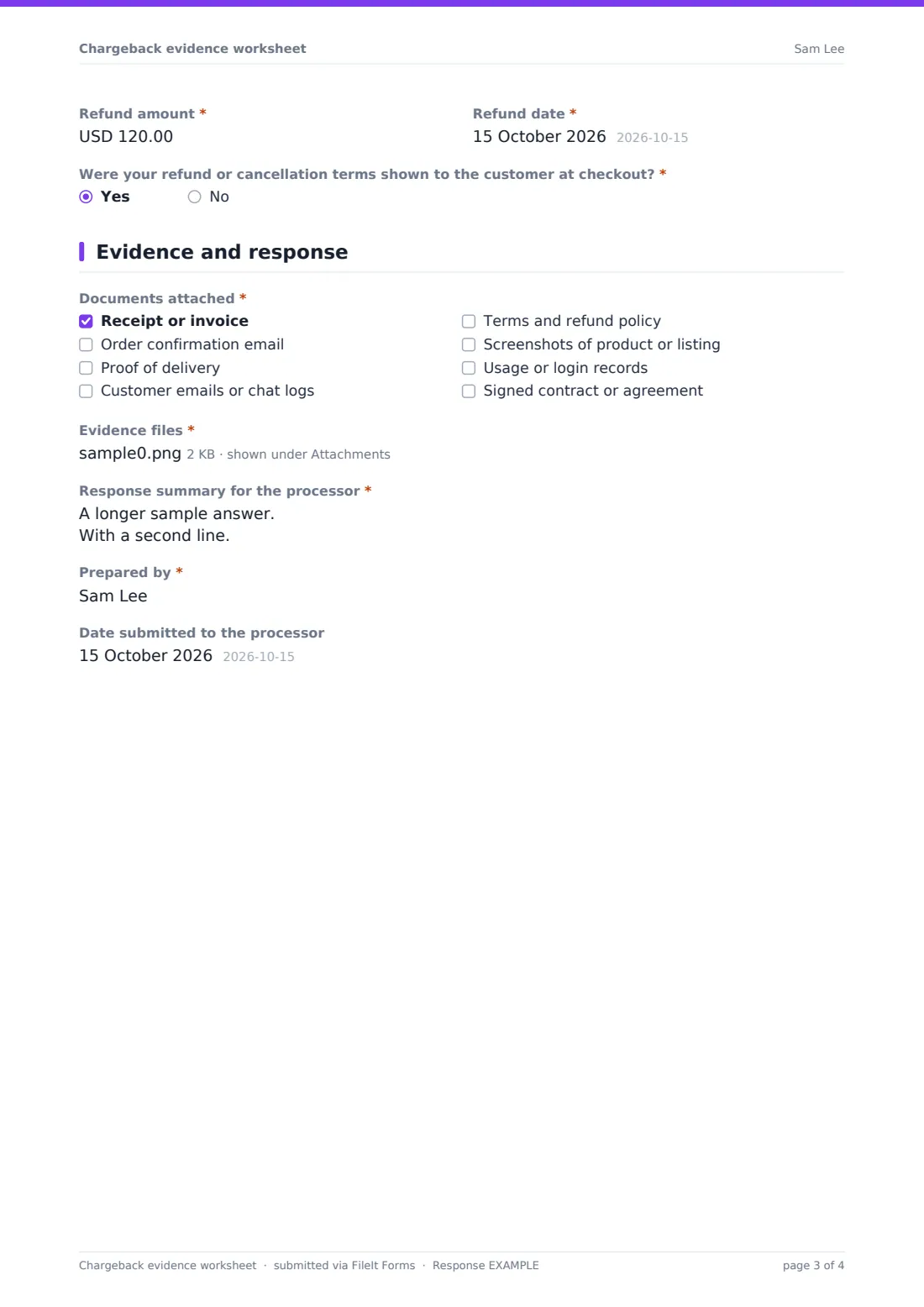 Chargeback evidence worksheet — example response PDF, page 3 of 4