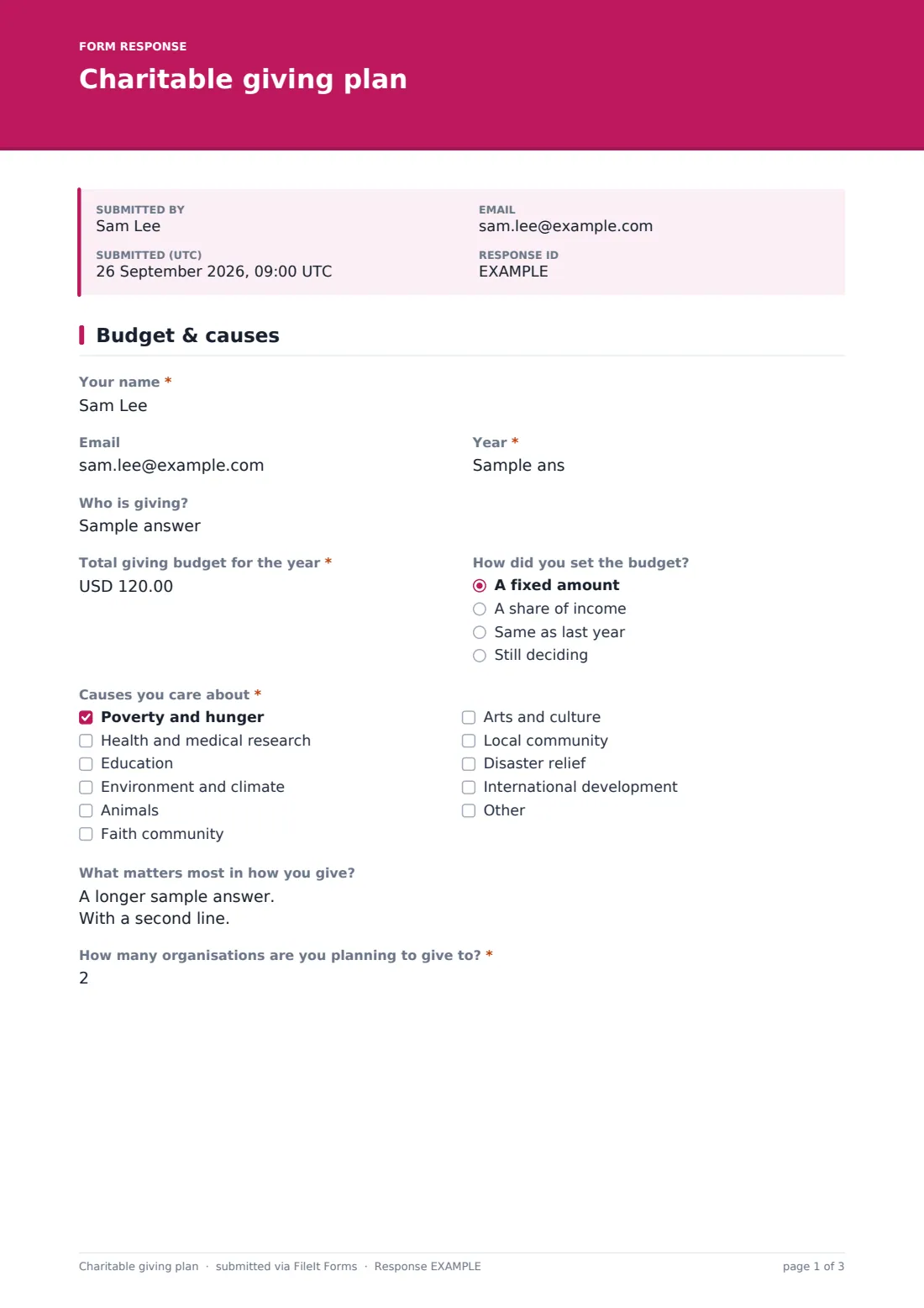 Charitable giving plan — example response PDF, page 1 of 3