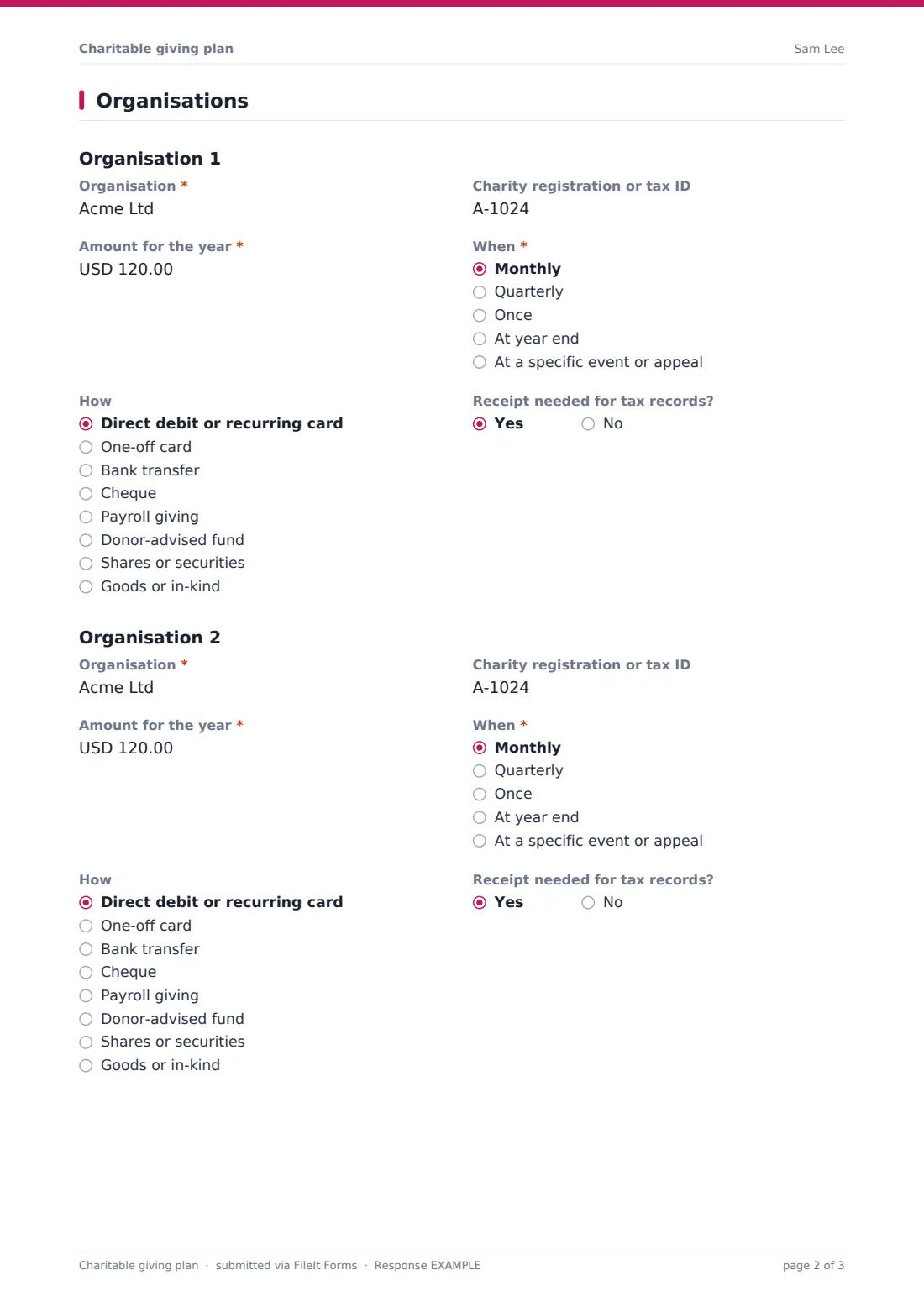 Charitable giving plan — example response PDF, page 2 of 3