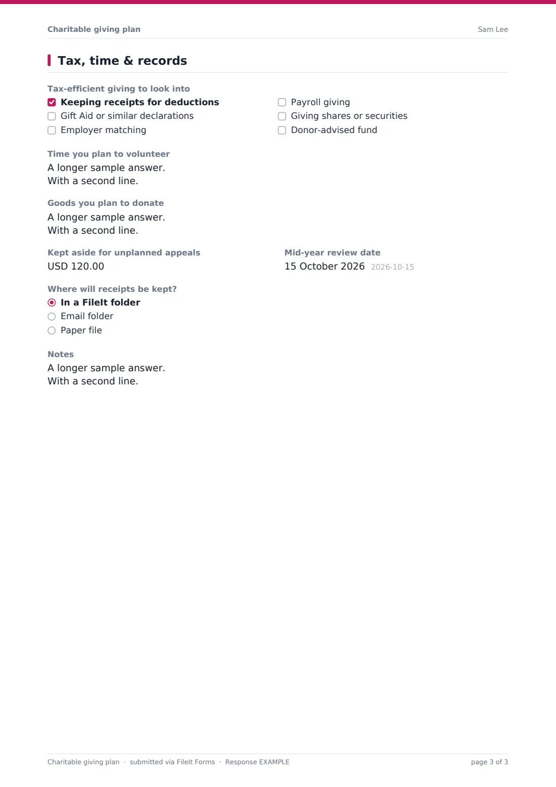 Charitable giving plan — example response PDF, page 3 of 3