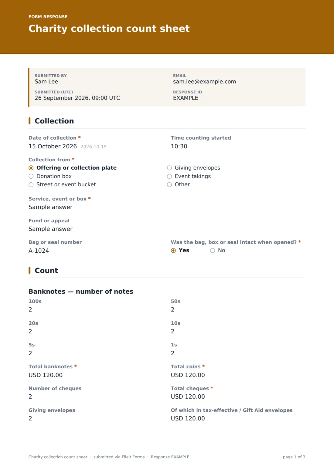Charity collection count sheet — example response PDF, page 1 of 3