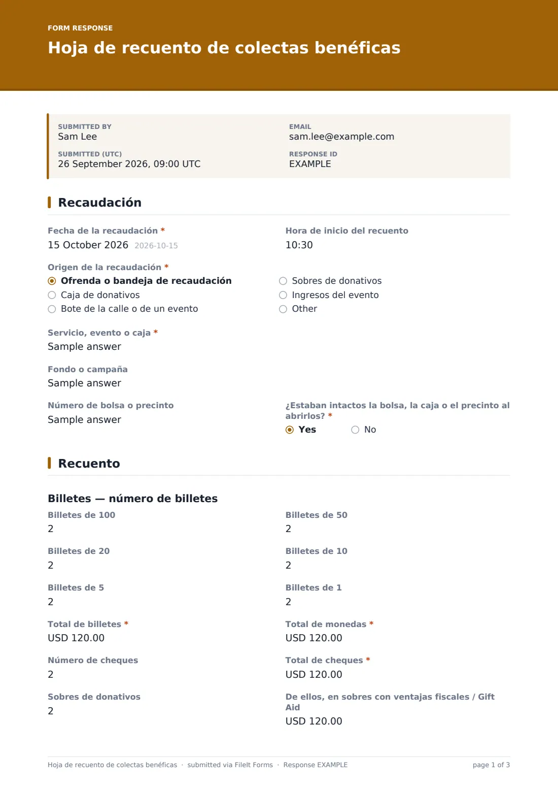 Hoja de recuento de colectas benéficas — PDF de respuesta de ejemplo, página 1 de 3