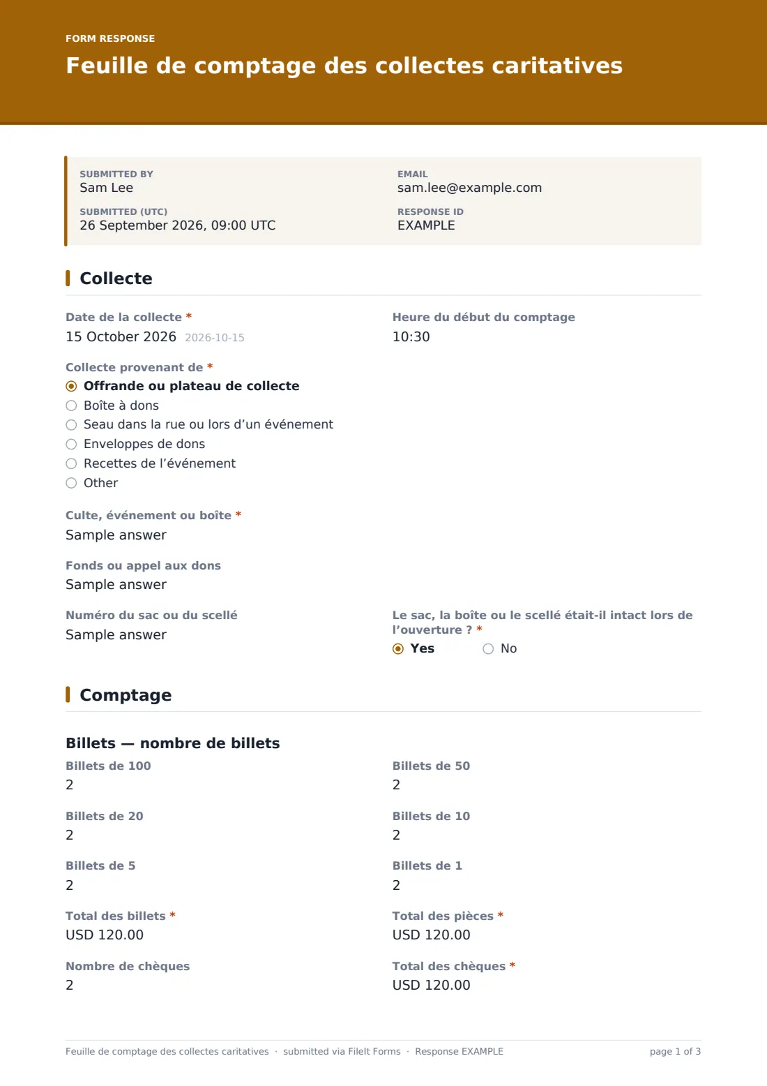 Feuille de comptage des collectes caritatives — exemple de réponse au format PDF, page 1 sur 3