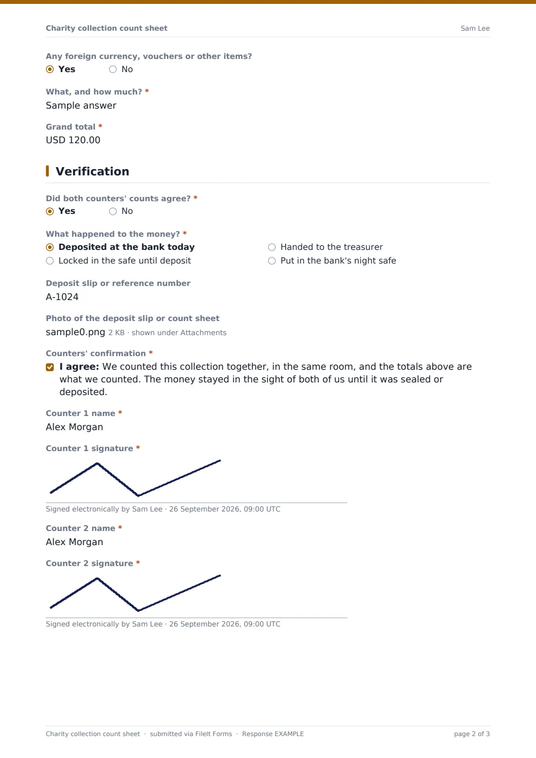 Charity collection count sheet — example response PDF, page 2 of 3