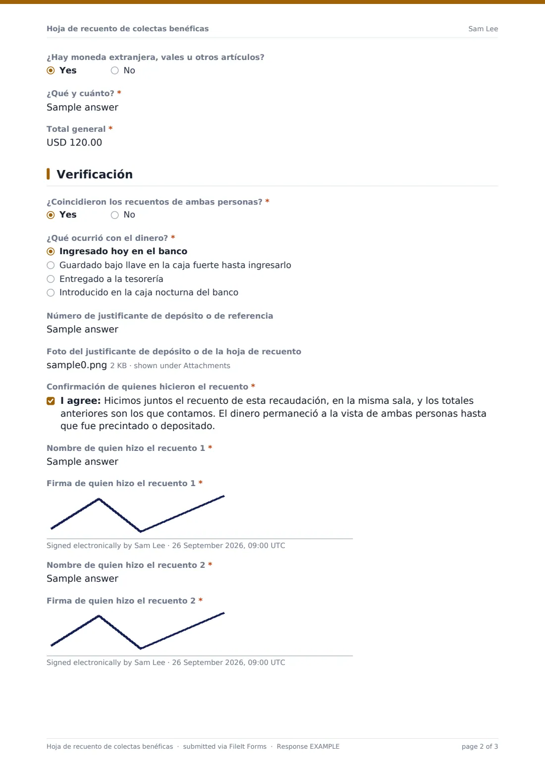 Hoja de recuento de colectas benéficas — PDF de respuesta de ejemplo, página 2 de 3