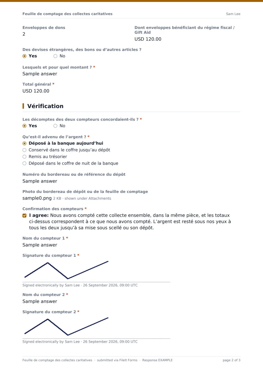 Feuille de comptage des collectes caritatives — exemple de réponse au format PDF, page 2 sur 3