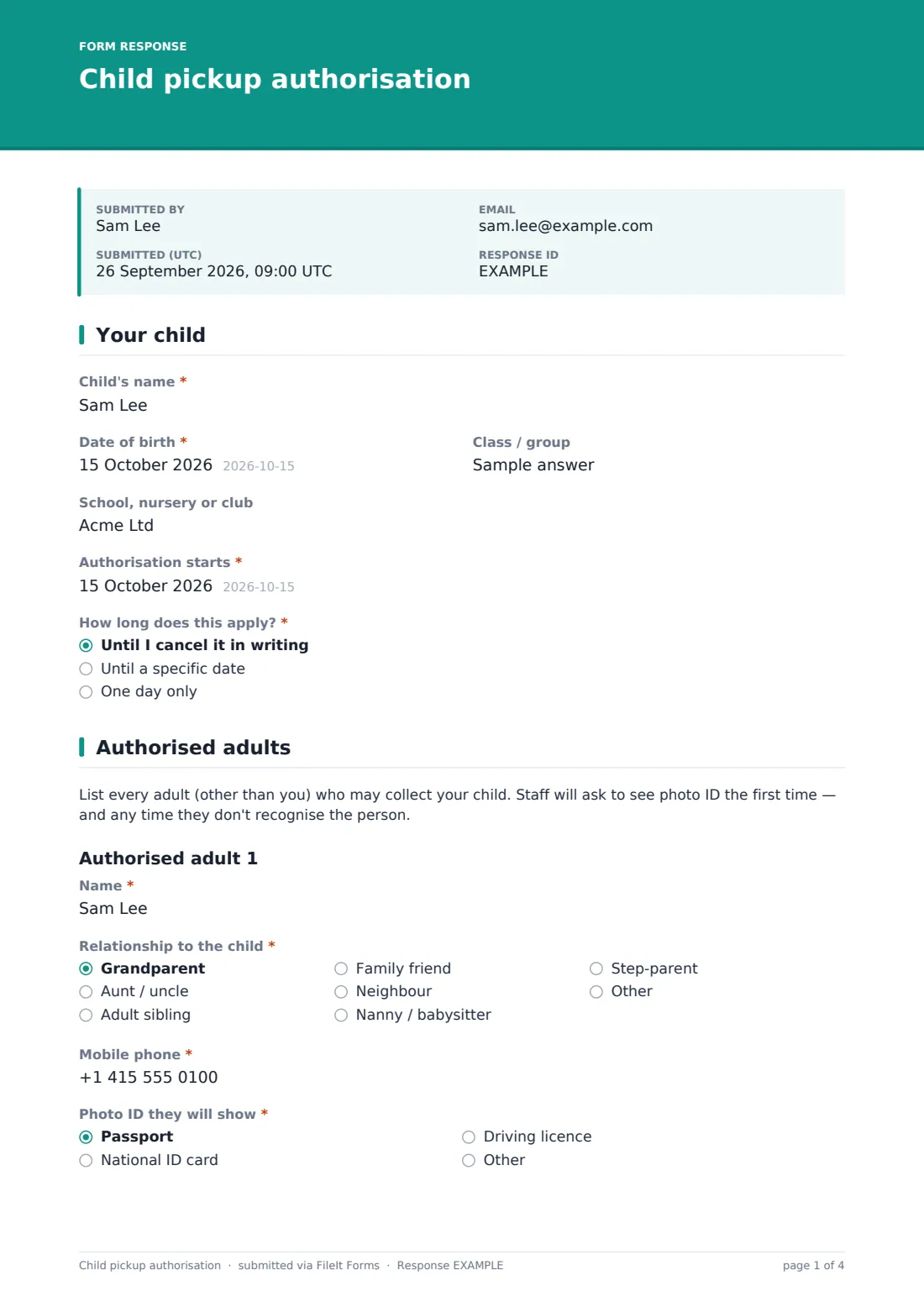 Child pickup authorisation — example response PDF, page 1 of 4
