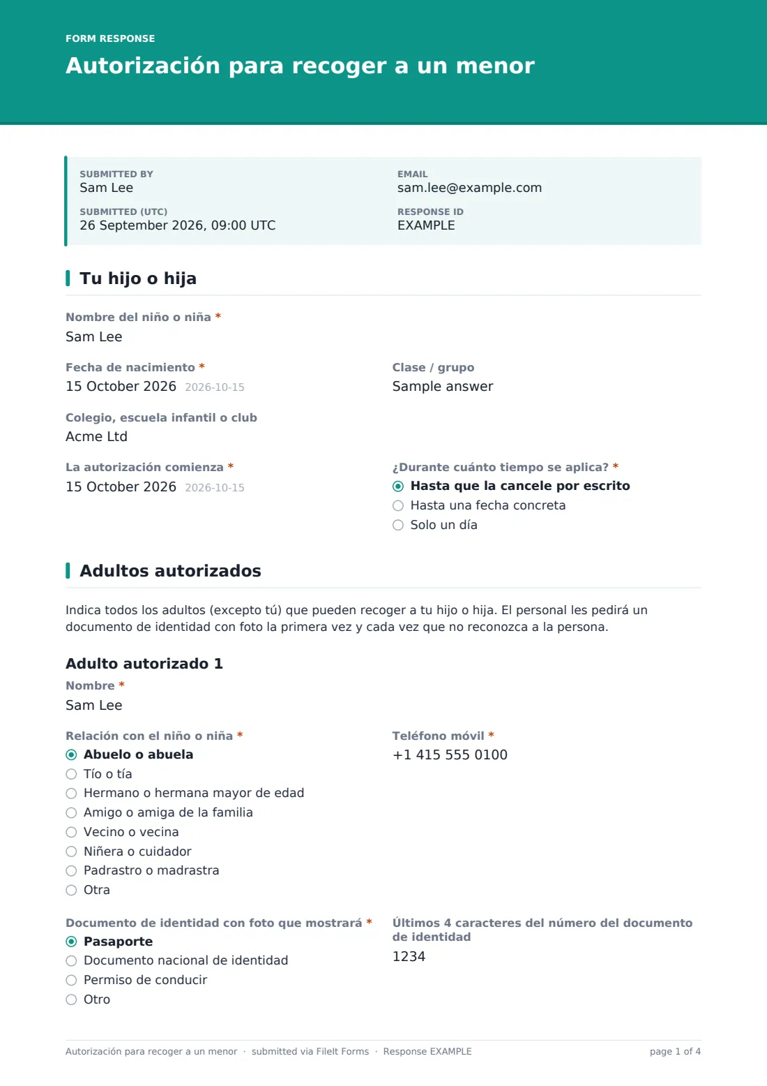 Autorización para recoger a un menor — PDF de respuesta de ejemplo, página 1 de 4