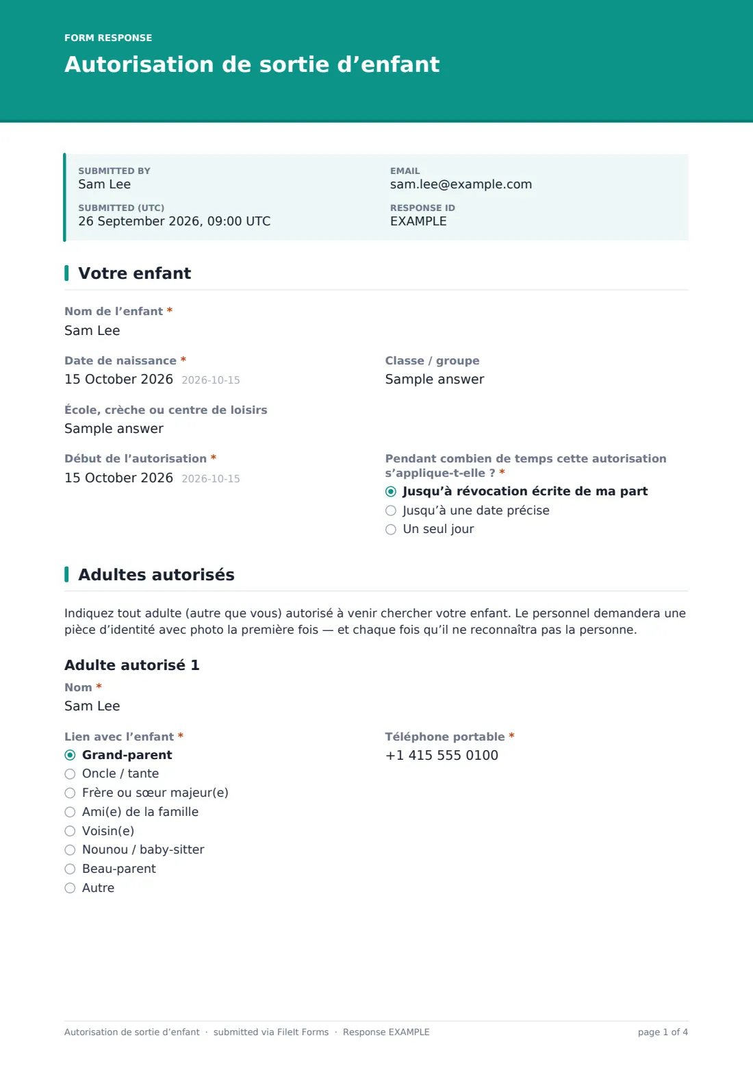 Autorisation de sortie d’enfant — exemple de réponse au format PDF, page 1 sur 4