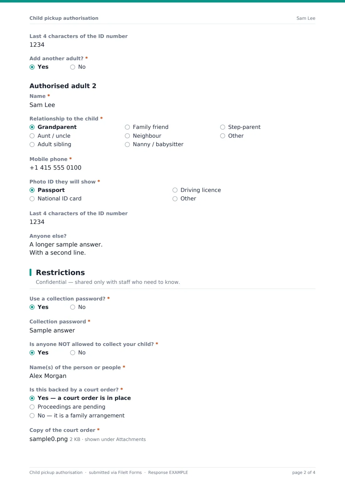 Child pickup authorisation — example response PDF, page 2 of 4