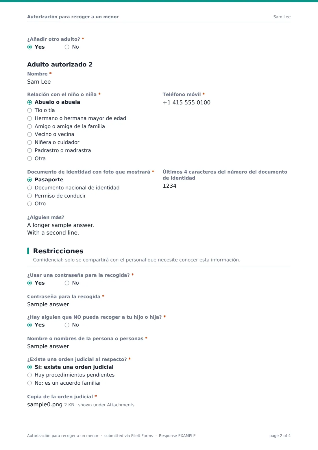 Autorización para recoger a un menor — PDF de respuesta de ejemplo, página 2 de 4