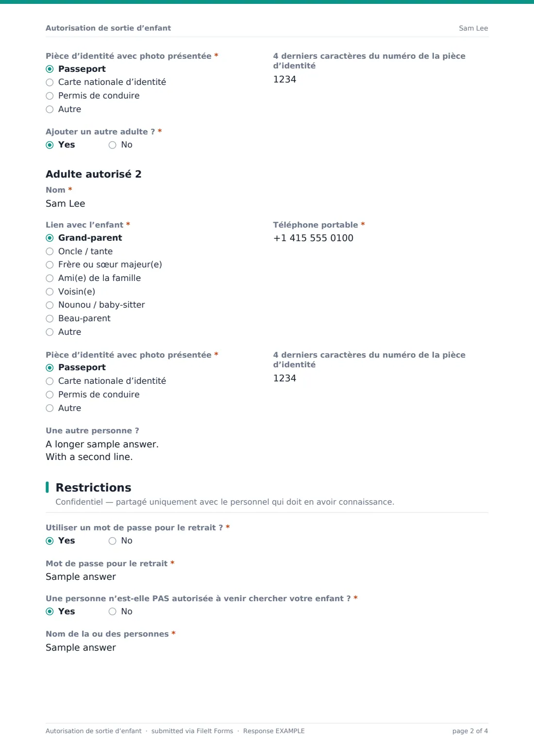 Autorisation de sortie d’enfant — exemple de réponse au format PDF, page 2 sur 4
