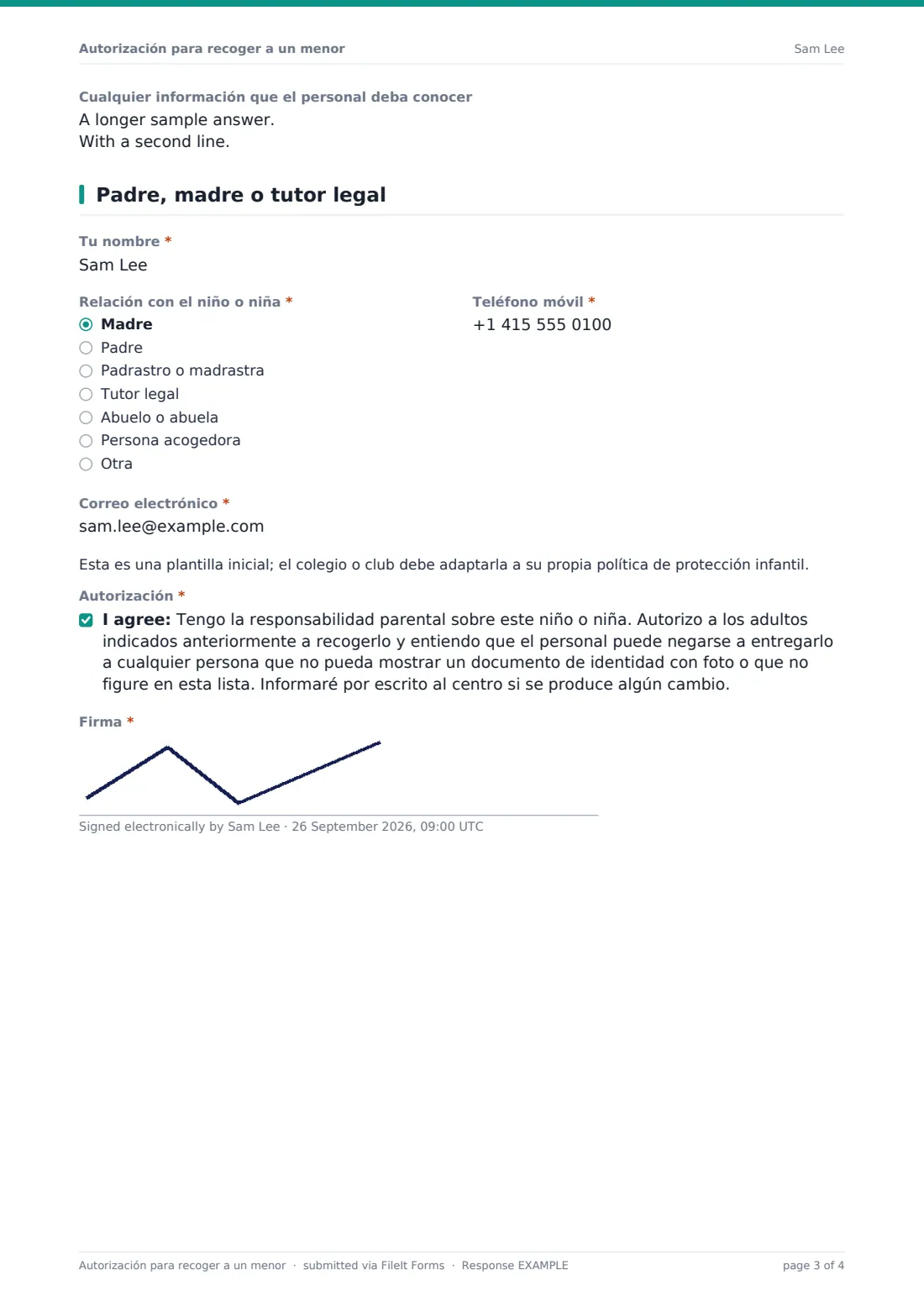 Autorización para recoger a un menor — PDF de respuesta de ejemplo, página 3 de 4