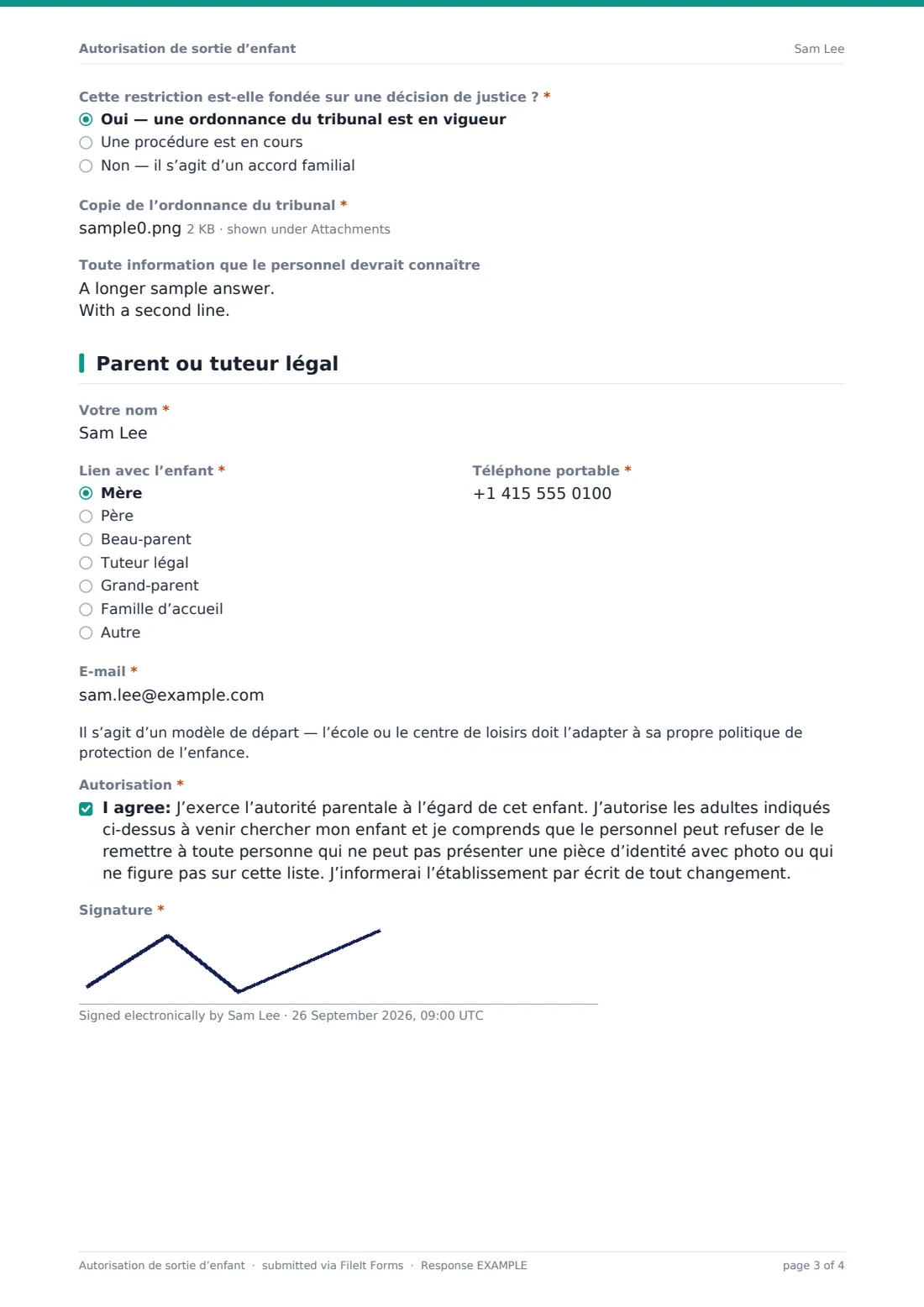 Autorisation de sortie d’enfant — exemple de réponse au format PDF, page 3 sur 4