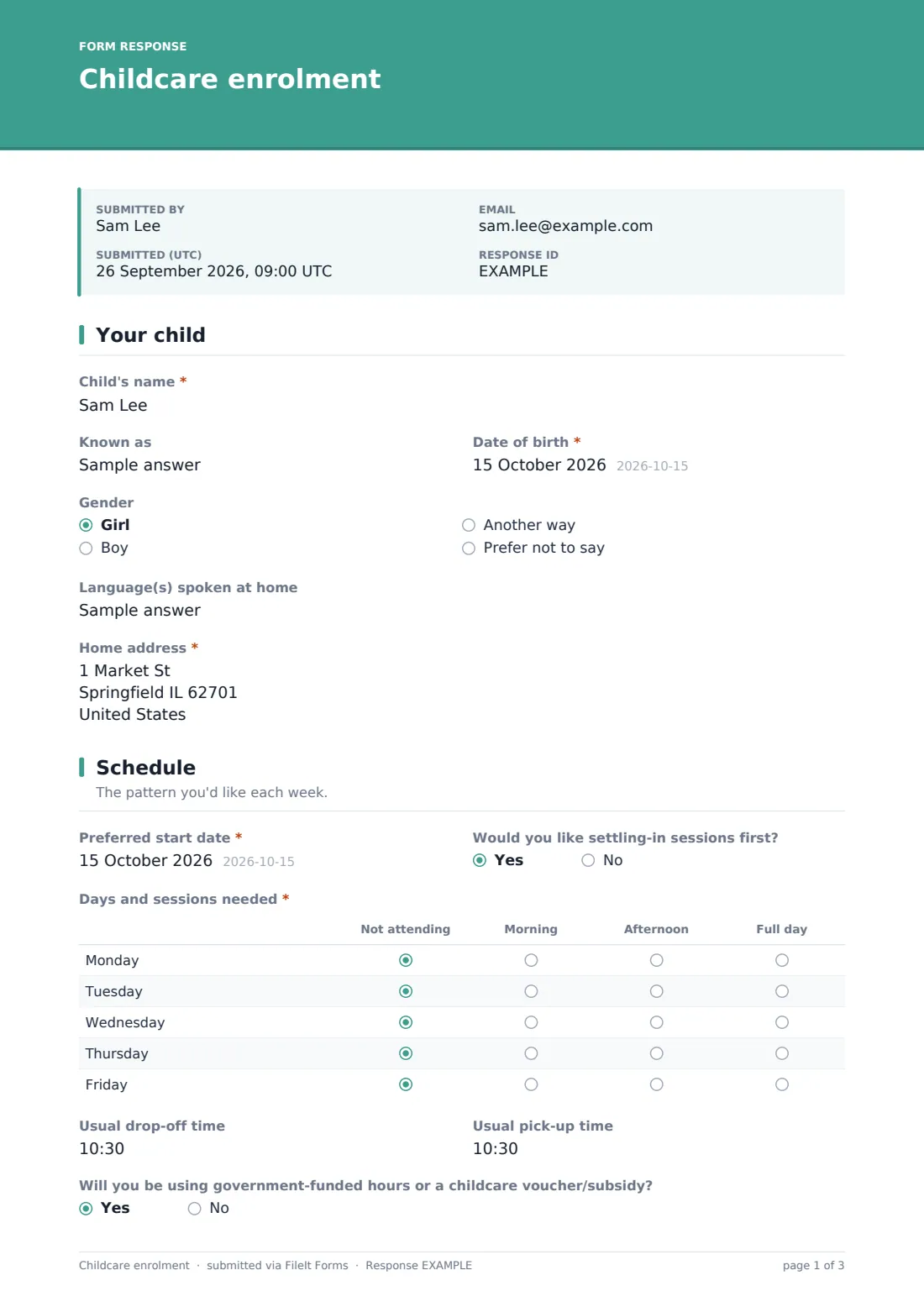 Childcare enrolment — example response PDF, page 1 of 3